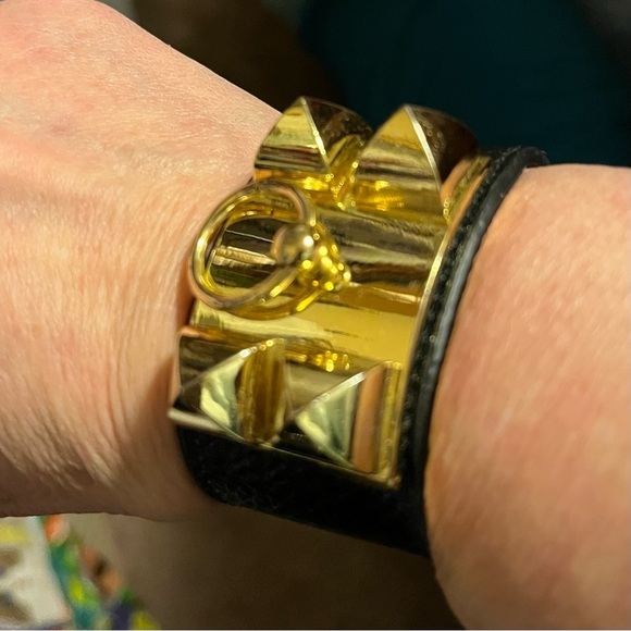 Hermes Collier de Chien leather cuff bracelet noir w/gold hardware fits 6” wrist - Picture 16 of 16